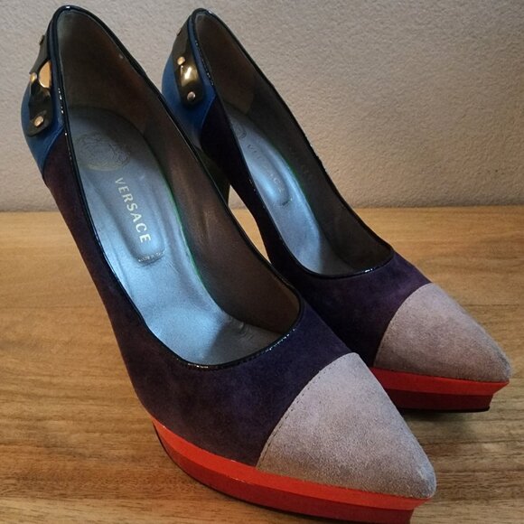 Versace Shoes Womens Size 40.5 Multicolor Suede Leather Platform High Heel Italy - Picture 9 of 14